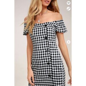 Lulus Check Please Black and White Gingham Off-the-Shoulder Dress Size XS